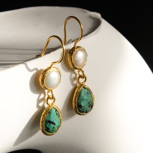 Turquoise Stone Pearl Earrings, Raw Drop Stone Earrings, Minimalist Earrings, Birthstone Earrings, December Birthstone, Gifts for Her