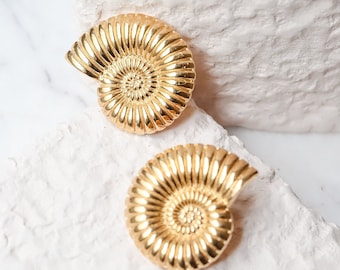 By Art and Crafts Jewelry, Snail Gold Earrings, Shellfish Earrings, Elegant Ammonite Stud Earrings, Mother's Day Gifts