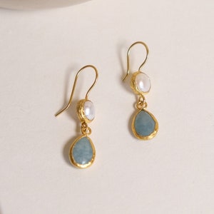 Pearl Drop Earrings with Aquamarine, Elegant Gold Pearl Earrings,Aquamarine Pearl Drops, Birthstone Jewelry, Gift For Her, Gift for Mother image 1