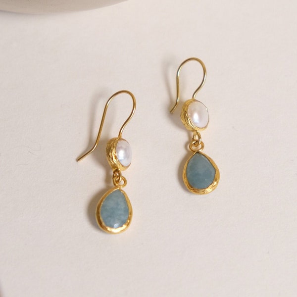 Pearl Drop Earrings with Aquamarine, Elegant Gold Pearl Earrings,Aquamarine Pearl Drops, Birthstone Jewelry, Gift For Her, Gift for Mother