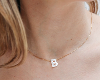 Mother of Pearl Letter Necklace, Dainty MOP Choker, Personalized Jewelry, Layering Necklaces, Gift for Mom, Christmas Gifts