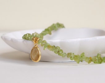 Natural Peridot and Citrine Necklace, Crystal Stone Necklace, Birthstone Necklace, Minimalist Jewelry, Boho Jewelry, Gift For Mom