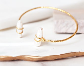 White Pearl Cuff Bracelet, Natural Freshwater Pearl Bracelet, Designer Bracelets, Unique Jewelry, Bridal Jewelry, Christmas Gifts - OTTB03