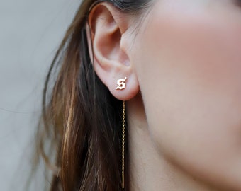 Silver Initial Stud Earrings, Gold Chain Earrings, Minimalist Elegant Stud Earrings, Dangle Chain Earrings, Bridesmaid Gifts , Gift for Her