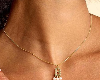 Dainty Initial Necklace, Pearl Beaded Necklace, Initial Necklace, Minimalist Necklace, Pearl Necklace, Valentine's Day Gift