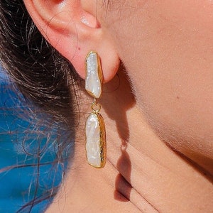 Dainty Pearl Earrings, Natural White Baroque Pearl Earrings, Golden June Birthstone Earrings, Wedding Gift, Gift For Her image 1
