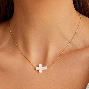 Mother of Pearl Cross Necklace, Gold Filled Necklace, Pearl Necklace, Big Cross Jewelry, First Communion Gift, Gifts for Mom