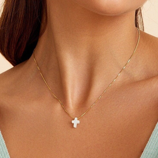 Mother of Pearl Cross Necklace, Gold Filled Necklace,  Tiny Cross Jewelry, First Communion Gift, Religious Jewelry,Gift for Mother