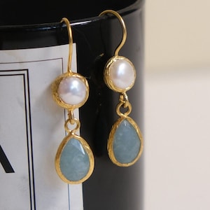 Pearl Drop Earrings with Aquamarine, Elegant Gold Pearl Earrings,Aquamarine Pearl Drops, Birthstone Jewelry, Gift For Her, Gift for Mother image 2