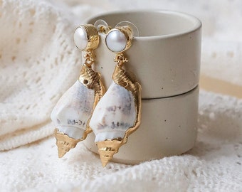Shell Earrings, Gold Dangle Earrings, Sea Shell Earrings, Natural Shell Earrings, Beach Earrings , Christmas Gift