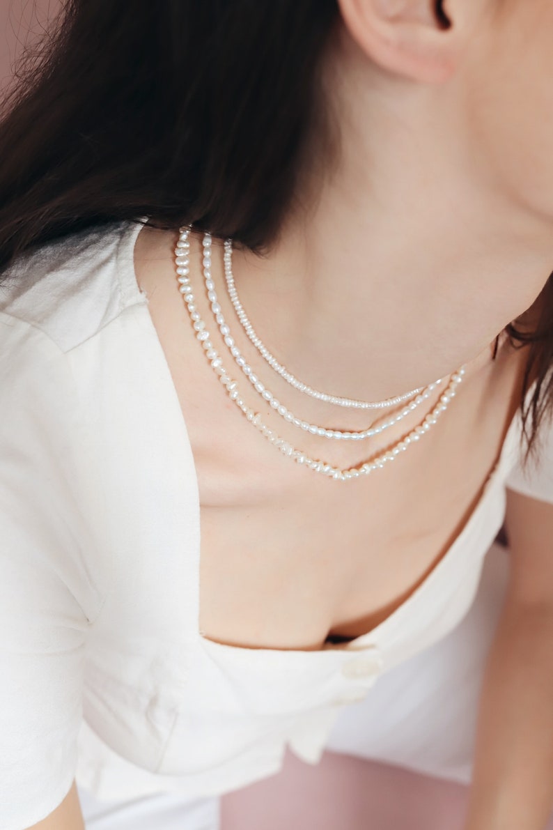 Collier de perles deau douce dorge blanche fait à la main, élégant collier de perles plaqué or, bijoux de la fête des mères, cadeau de Noël image 6