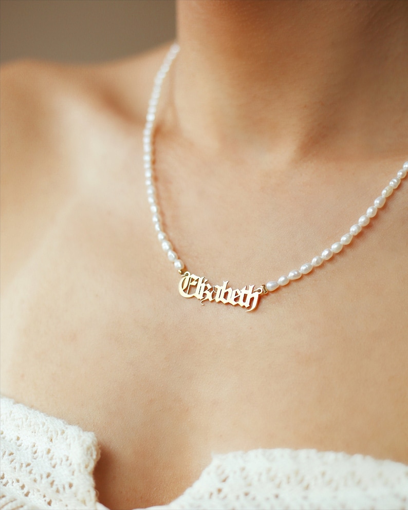 Custom Name Pearl Necklace, Natural Freshwater Pearl Necklace, Old English Gothic Signboard Handmade, Bridesmaid Gift - NPPS001 