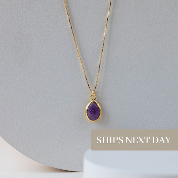 Amethyst Necklace, Teardrop Necklace, February Stone Necklace, Fine Jewelry, Gift for Her