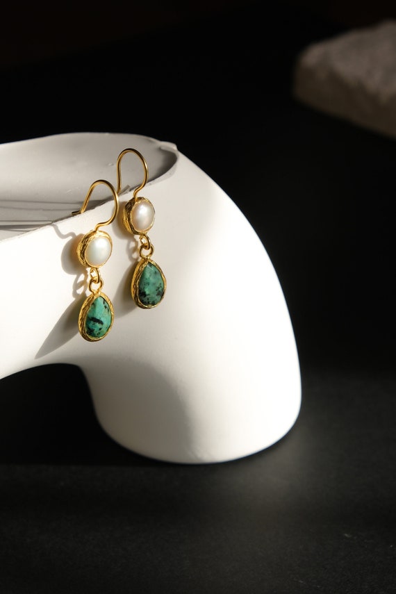 Turquoise Stone Pearl Earrings, Raw Drop Stone Earrings, Minimalist Earrings, Birthstone Earrings, December Birthstone, Gifts for Her