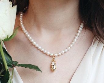 Natural Freshwater , Pearl Cage Necklace, Gold Baroque Pearl Necklace Choker, Bridal Jewelry, Gift for Mother, Unique Gift