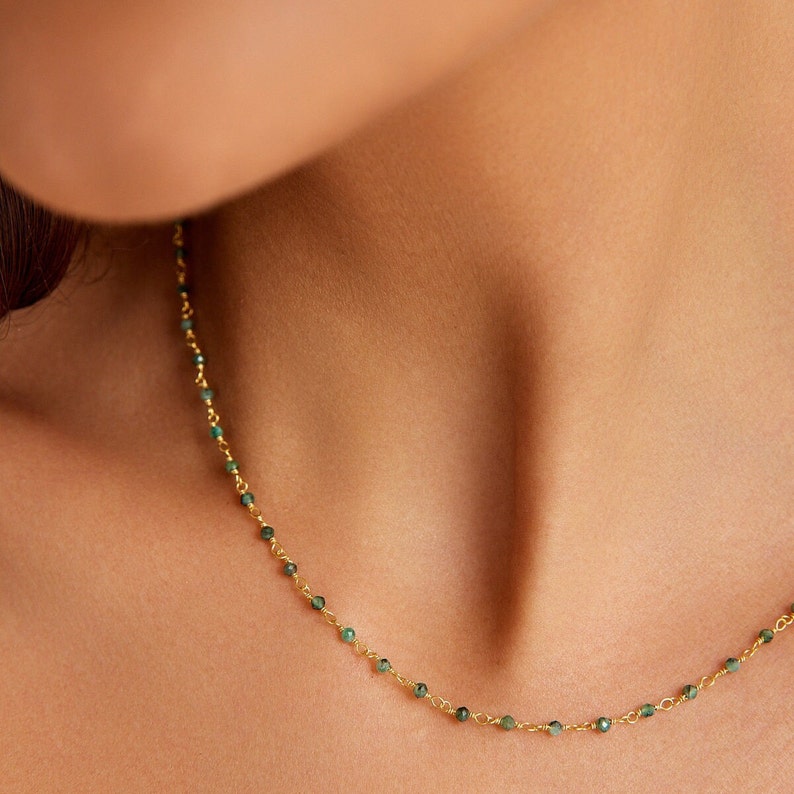 Green Raw Emerald Beaded Gemstone Choker Gold,Handmade Beaded Necklace, Birthstone Necklace, Delicate Elegant Layered Necklace, Gift for Mom image 7