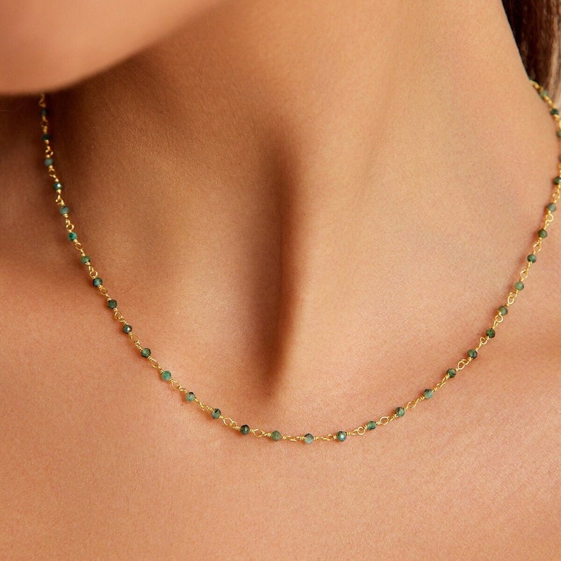 Green Raw Emerald Beaded Gemstone Choker Gold,Handmade Beaded Necklace, Birthstone Necklace, Delicate Elegant Layered Necklace, Gift for Mom image 2