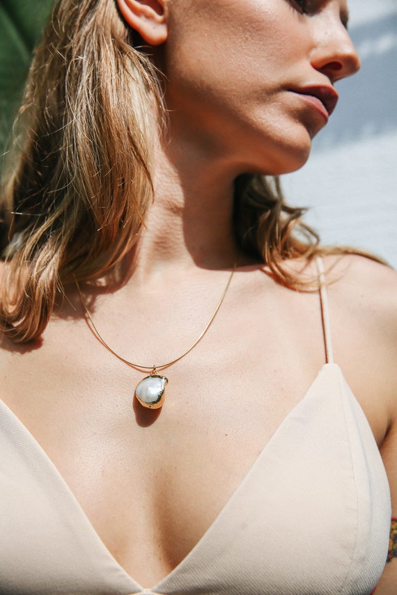 Large Baroque Pearl Necklace, Gold Layered Necklace, Cable