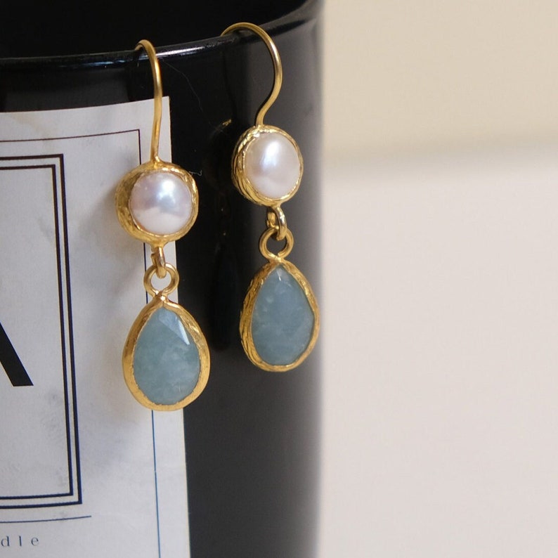 Pearl Drop Earrings with Aquamarine, Elegant Gold Pearl Earrings,Aquamarine Pearl Drops, Birthstone Jewelry, Gift For Her, Gift for Mother image 2