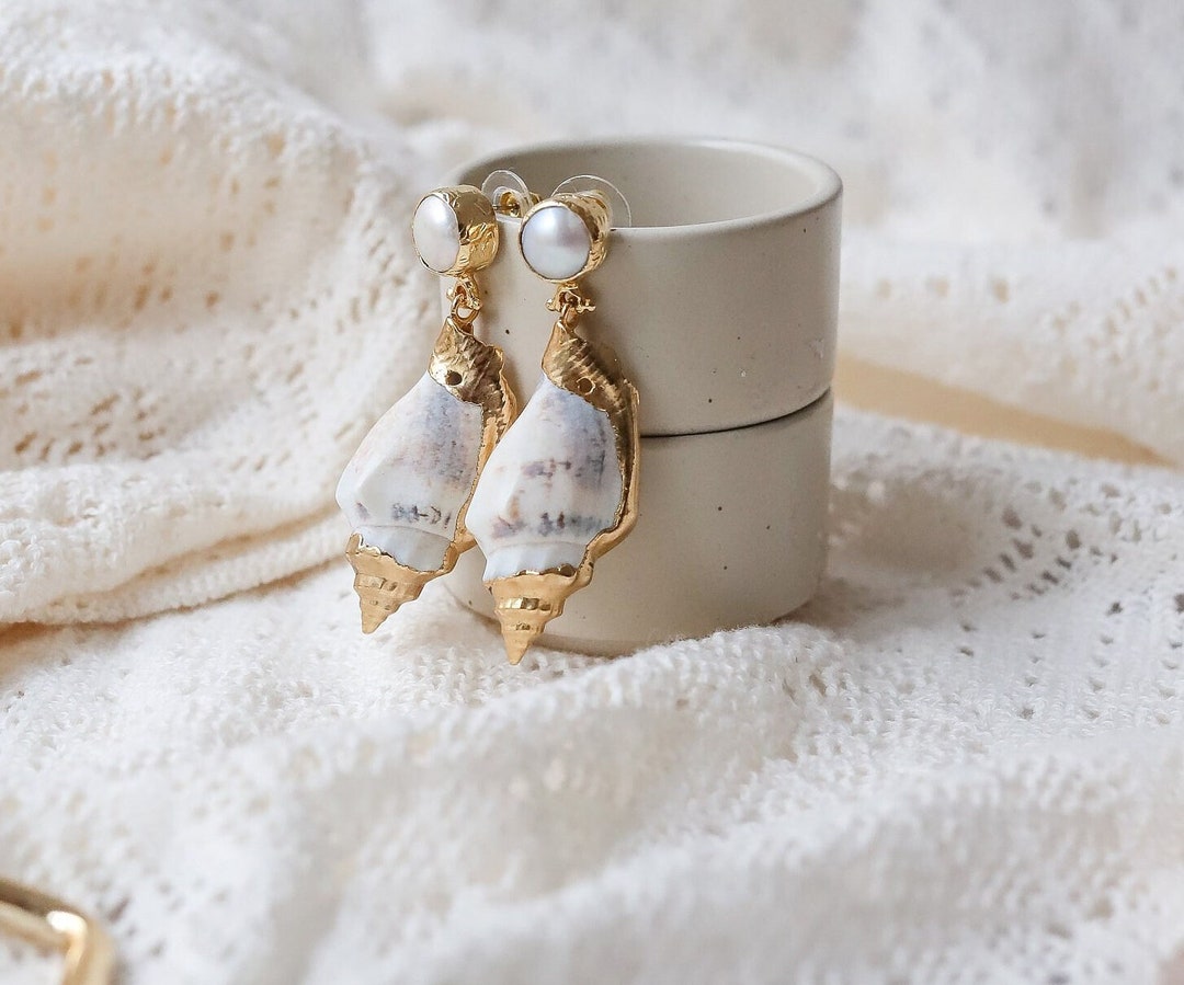 Orecchini Pendenti Lunghi A Forma Di Conchiglia, Ciondolo Placcato Oro 24k - Italia - Foto 11