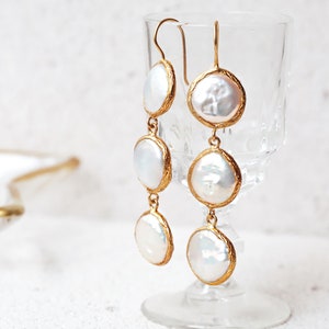 Long 3 Layers Pearl Earrings, Freshwater Coin Pearl Trends, Perfect Gift For Her, Natural White Pearl Earring image 4