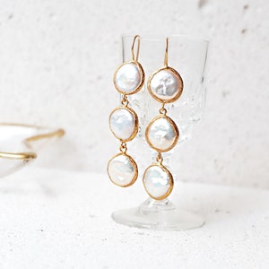 Long 3 Layers Pearl Earrings, Freshwater Coin Pearl Trends, Perfect Gift For Her, Natural White Pearl Earring image 3