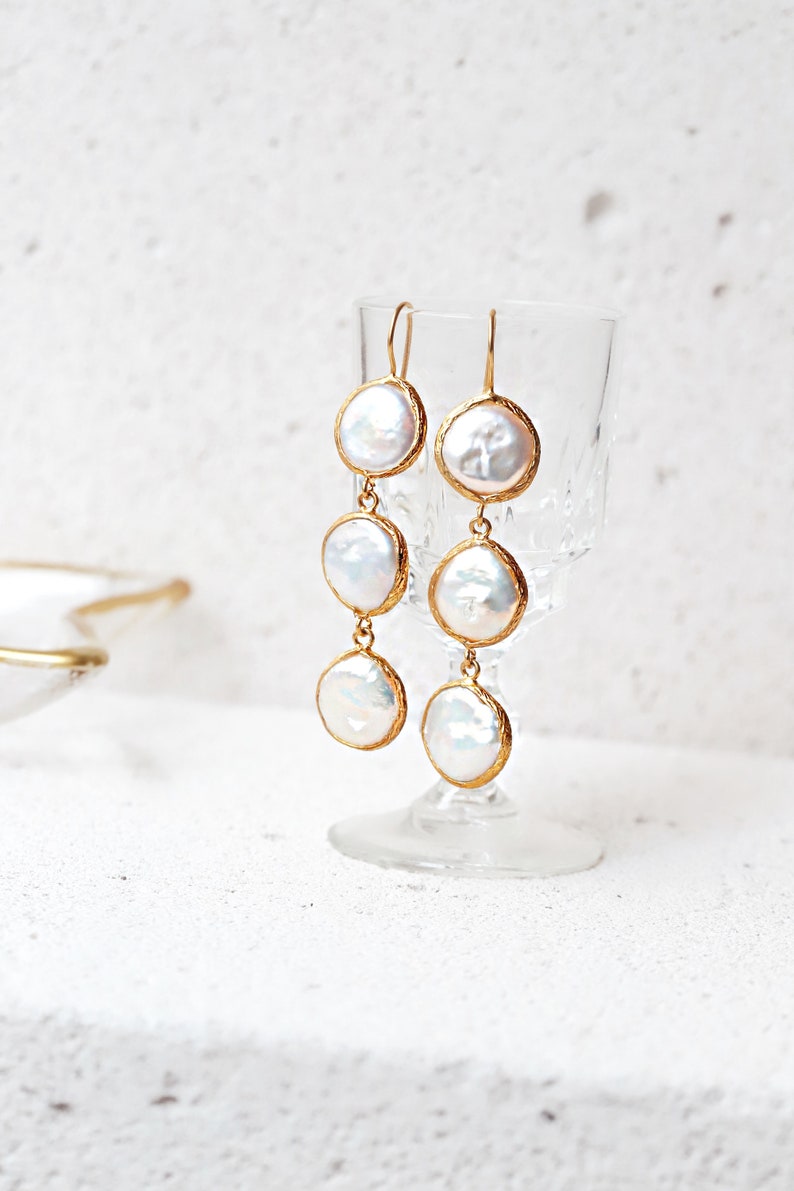 Long 3 Layers Pearl Earrings, Freshwater Coin Pearl Trends, Perfect Gift For Her, Natural White Pearl Earring image 3