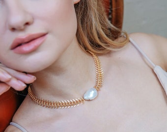 Fishbone Chain Choker , Baroque Pearl Necklace , Statement Necklace , By Art and Crafts Jewelry , Fishbone Necklace , Christmas Gifts