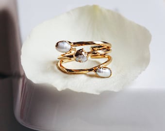 Anillo de perlas bañadas en oro, anillo de perlas de agua dulce, anillo de perlas barrocas, anillo de perlas Keshi, anillo ajustable, regalo para novia, regalo para ella