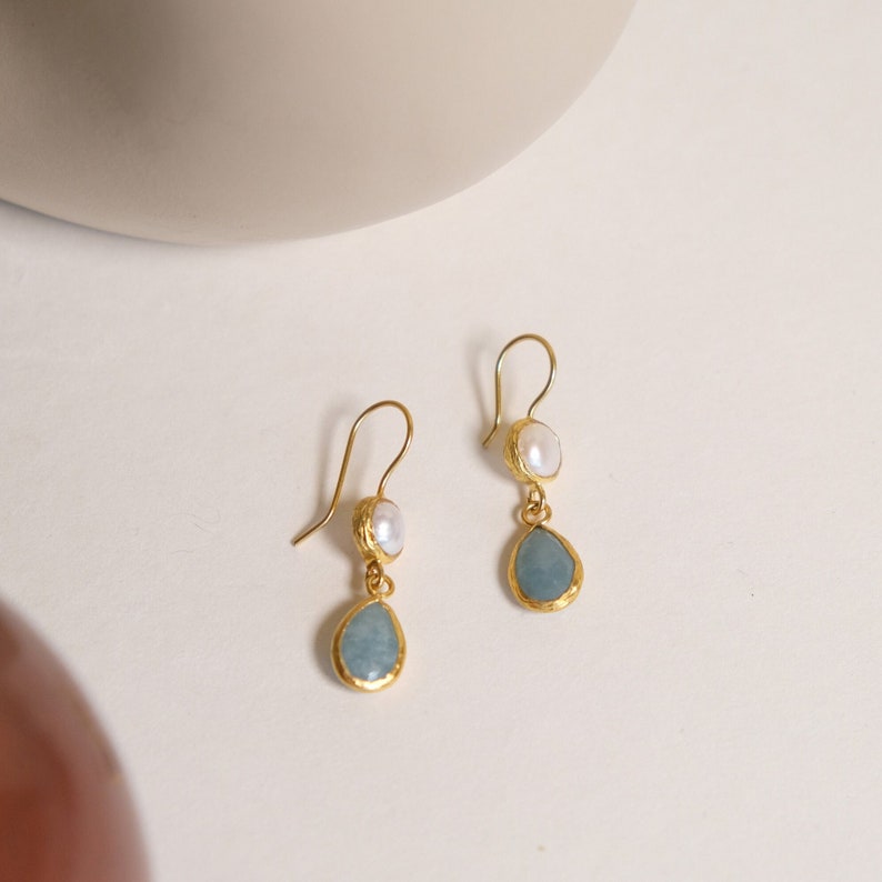 Pearl Drop Earrings with Aquamarine, Elegant Gold Pearl Earrings,Aquamarine Pearl Drops, Birthstone Jewelry, Gift For Her, Gift for Mother image 1
