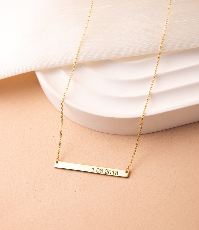 Thin Bar Necklace, Mother Necklace, Lettered Birth Date Necklace, Date Necklace, Name Necklace, Minimal Bar Necklace, Gift for Mother image 4