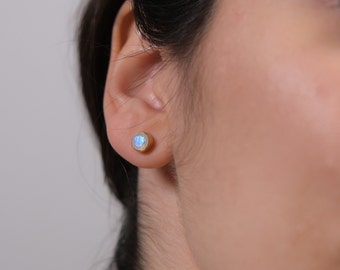 Rainbow Moonstone Stud Earrings, Moonstone Jewelry, Round Moonstone Earrings, Moonstone Studs, Celestial Earrings, Gift for Mom