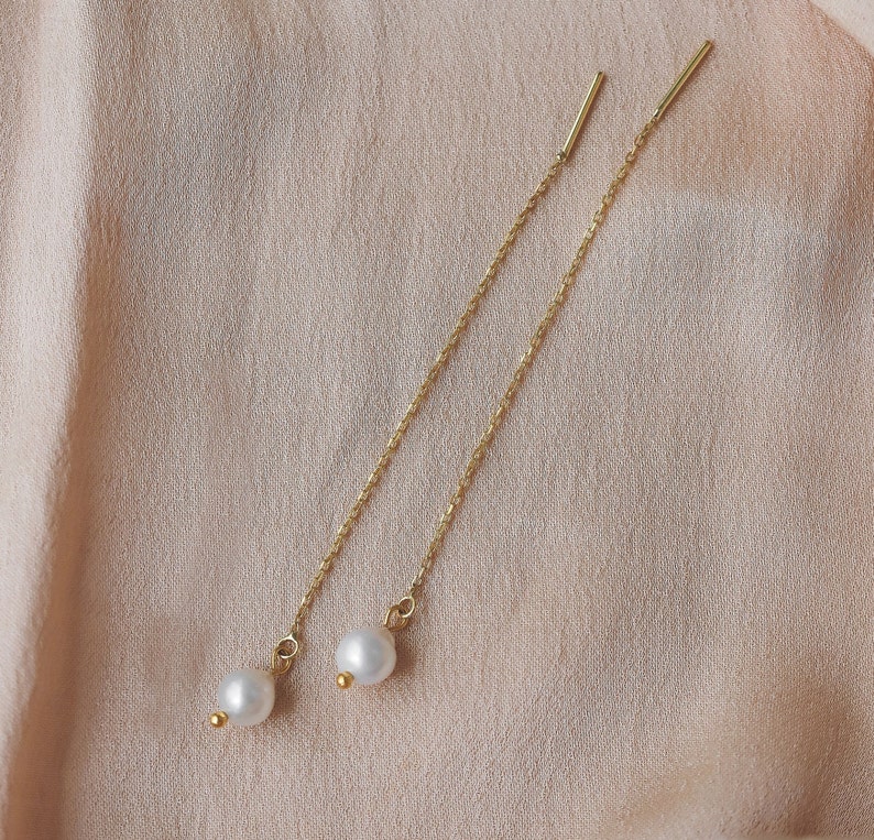 Bridal Earrings, Pearl Dangle Earrings, Cute Bride Pearl Earrings, Freshwater Pearl Long Chain Earrings,Wedding Jewelry, Christmas Gift image 3