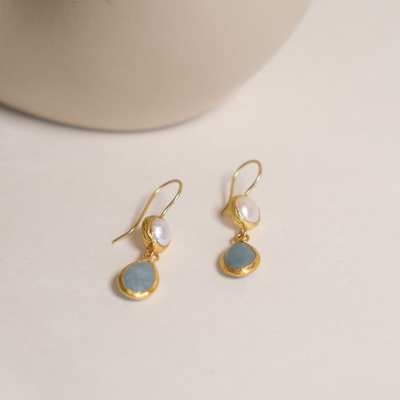 Pearl Drop Earrings with Aquamarine, Elegant Gold Pearl Earrings,Aquamarine Pearl Drops, Birthstone Jewelry, Gift For Her, Gift for Mother image 3