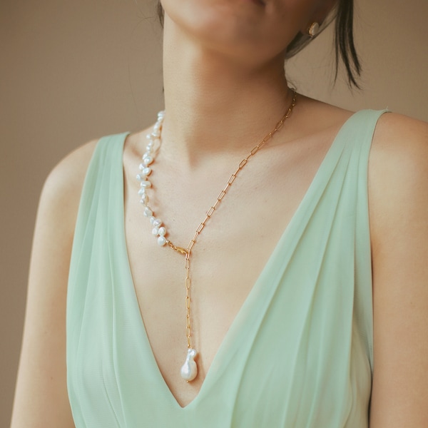 Pearl Lasso Necklace, Pearl Y Necklace , Bridal Jewelry, Dainty Necklace ,  Unique gifts, Christmas Gift