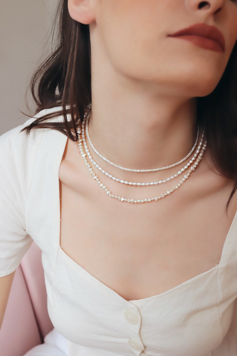 Collier de perles deau douce dorge blanche fait à la main, élégant collier de perles plaqué or, bijoux de la fête des mères, cadeau de Noël image 4