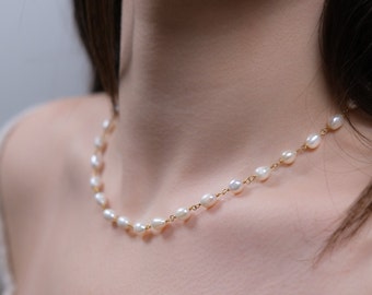 Pearl Beaded Necklace, Pearl Satellite Necklace, Wedding Gift, Beaded Chain Necklace, Bridesmaid Jewelry, Gift for Mother