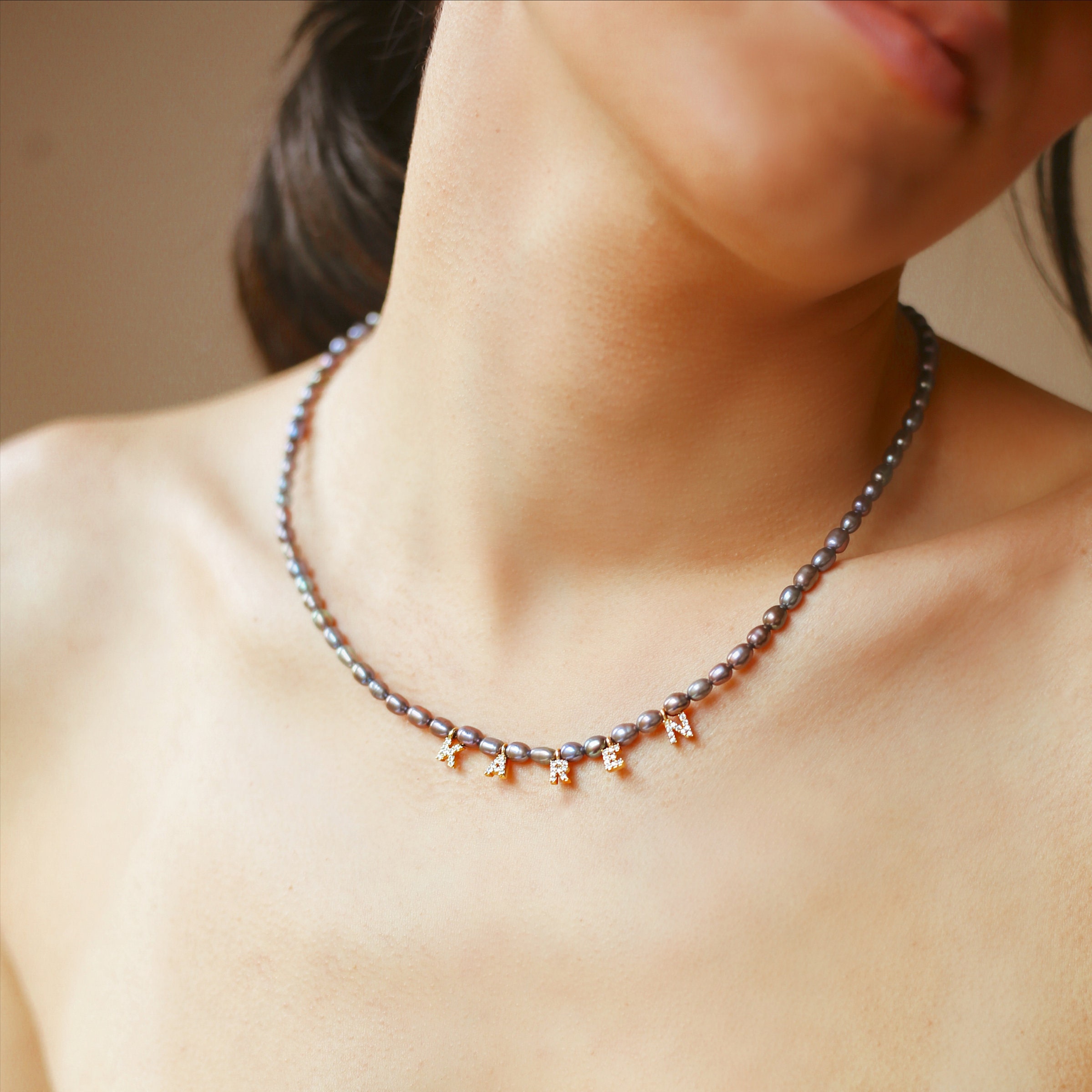 Black Pearl Initial Necklace Name Necklace Letter Necklace | Etsy