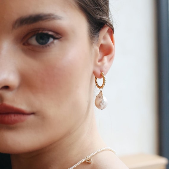 Buy Baroque Pearl Hoop Earrings, Pearl Charm Earrings, Statement