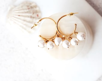 Pearl Hoop Earrings, Pearl Charm Earrings, Statement Earrings, Round Pearl Hoop Earrings, Valentine's Day Gift, Mother Gift ,Gift For Her