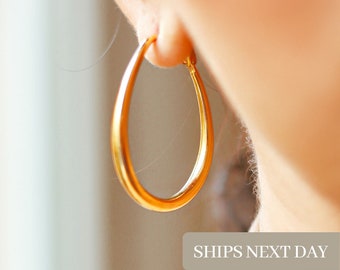 Oval Hoop Earrings, Chunky Gold Hoop Earrings, Oval Gold Hoop Earrings, Vintage Style Hoop Earrings, Gift For Her, Mother's Day Gift