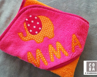 Handtuch, Kapuzenbadetuch mit ELEFANT und Name in pink orange