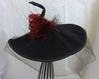 Vintage Black Velvet Cart Wheel Hat with netting and red black Feather Feature