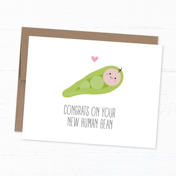 Funny New Baby Card, Baby Shower Pun Card, Card for New Parents - New Human Bean