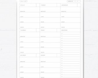 May include: A printable weekly planner with sections for meals, tasks, and groceries. The planner is divided into days of the week, with space for breakfast, lunch, dinner, and snacks.