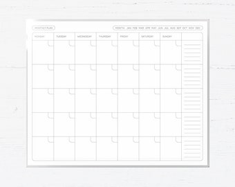 May include: A white monthly planner with a grid layout for daily scheduling. The planner includes spaces for the days of the week and the months of the year. The design is simple and clean, suitable for organizing tasks and appointments.
