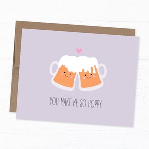 Carte amour bière, jeu de mots sur la bière, amateurs de bière artisanale, carte blague papa, cadeau pour lui, carte pour petit ami - You Make me so Hoppy