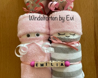 personalisierte Windelbabys für Mädchen, Mitbringsel zur Geburt oder Taufe, von Windeltorten by Evi