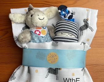 kleine Windeltorte , Windelbaby & Esel im Bettchen, Babygeschenk für Jungs, auch mit Name personalisiert