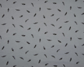 Jersey Stoff grau kleine Federn schwarz